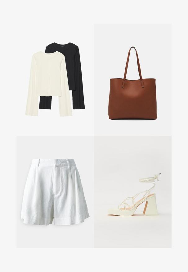 Ensemble de deux hauts à manches longues en blanc et noir. Texture côtelée, col rond, design ajusté avec des manches légèrement évasées.; GAP Short - new off white; Sandale blanche à talons hauts avec un talon épais, présentant un design à lanières et un lien autour de la cheville. Texture lisse avec une plateforme à l'avant pour une hauteur supplémentaire.; Sac fourre-tout en cuir marron avec une texture lisse, design à ouverture supérieure et deux poignées pour le porter à l'épaule. Présente des coutures minimales et aucun matériel visible.