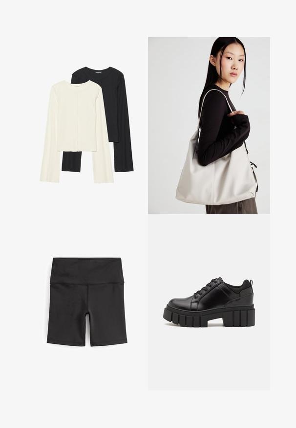 Set aus zwei Langarmoberteilen in Weiß und Schwarz. Rippstruktur, Rundhalsausschnitt, figurbetontes Design mit leicht ausgestellten Ärmeln.; Next CYCLING - Shorts - ultimate black; Schwarze Lederplateauschuhe mit klobigem Blockabsatz, runder Zehenpartie und traditionellem Schnürdesign. Verfügt über eine glatte Textur und minimale Details.; Beige Handtasche aus weichem Material, mit einem lässigen Design, gesteppten Details und zwei Schulterriemen. Geeignet für den täglichen Gebrauch.