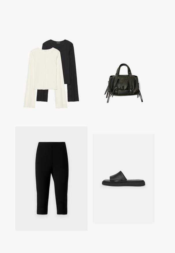 Set od dvije duge majice s dugim rukavima u bijeloj i crnoj boji. Rebrasta tekstura, okrugli izrez, uski kroj s blago raširenim rukavima.; Crne capri hlače od rastezljivog materijala, s prilagođenim dizajnom koji završava neposredno ispod koljena, s glatkom teksturom i bez vidljivih šavova.; Crne klizne sandale s glatkim kožnim gornjištem, širokom trakom i ravnim gumenenim đonom, s minimalističkim dizajnom bez vidljivih hardverskih elemenata.; Crna kožna torba s pletenim ručkama, džepom na zatvarač i visećim resicama. Teksturirana površina s metalnim zakovicama i hardverskim naglascima.