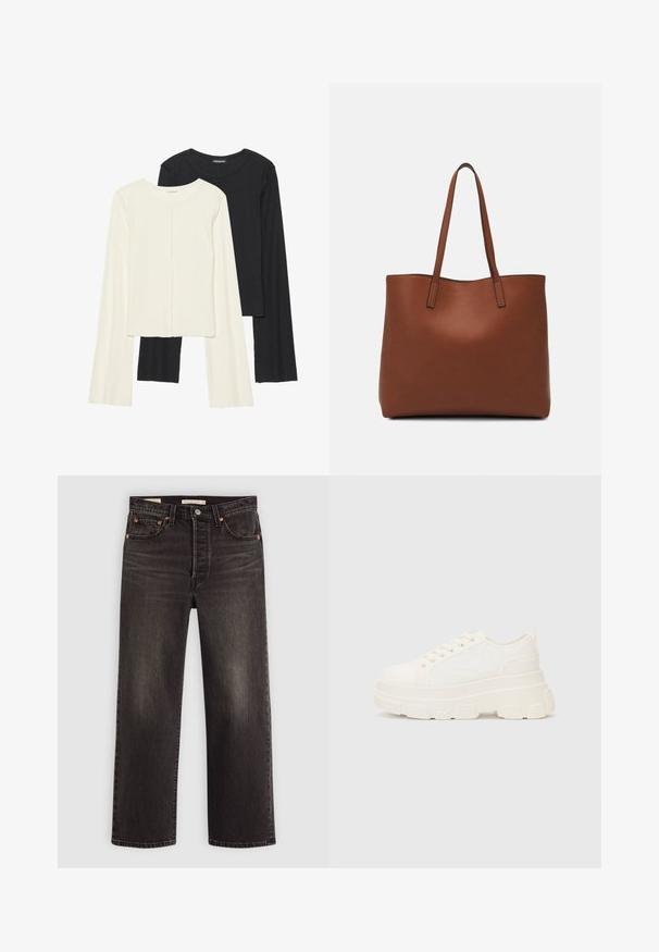 Conjunto de duas blusas de manga longa em branco e preto. Textura canelada, decote redondo, design ajustado com mangas ligeiramente evasê.; Jeans de denim preto com um design de perna reta. Apresenta rebites de cobre e bolsos. Textura suave e acabamento ligeiramente desbotado.; Sapatilhas brancas em lona com sola espessa, biqueira arredondada e cinco ilhós para atacadores. Laço traseiro para calçar facilmente. Textura suave, design minimalista.; Bolsa tote de couro castanho com uma textura suave, design de abertura superior e duas alças para o ombro. Apresenta costura mínima e sem hardware visível.