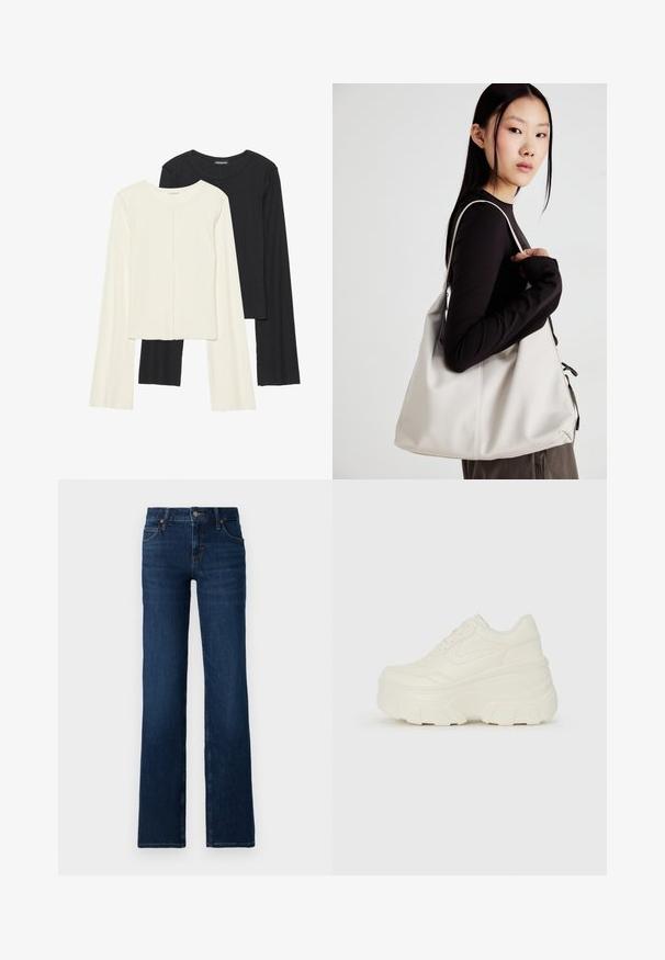 Kaksik Eri pikkusega valge ja musta värvi pikkade varrukatega topsi. Ribikstruktuur, ümar kaelus, lihav disain, veidi laienevate varrukatega.; Tumedast sinise värviga laiemad teksapüksid, mis on valmistatud denimist. Omavad tikitud vööd, viit taskut ja tõmblukk, millel on metallne nööp.; Valged platvormi tõusukingad, millel on siledast nahast meenutav pealis, ümar kuju, pehmendatud kaelus ja tekstureeritud kummitald koos selgete hüdrofoobsete mustritega.; Bež käekott pehme materjali, millel on lõtv disain, õmblustega detailid ja kaks õlarihma. Sobib igapäevaseks kasutamiseks.