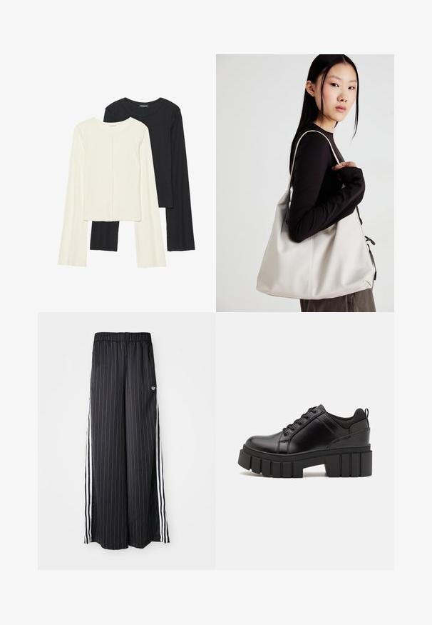 Set van twee longsleeve tops in wit en zwart. Geribbelde textuur, ronde hals, aansluitend ontwerp met licht uitlopende mouwen.; Zwarte wijde broek met verticale witte strepen, elastische tailleband en drie witte strepen aan de zijkant. Adidas-logo aan de voorkant.; Zwarte leren platform schoenen met een stevige blokhak, ronde neus en een traditionele vetersluiting. Kenmerkt zich door een gladde textuur en minimale details.; Beige handtas gemaakt van zacht materiaal, met een slonzig ontwerp, gestikte details en twee schouderbanden. Geschikt voor dagelijks gebruik.