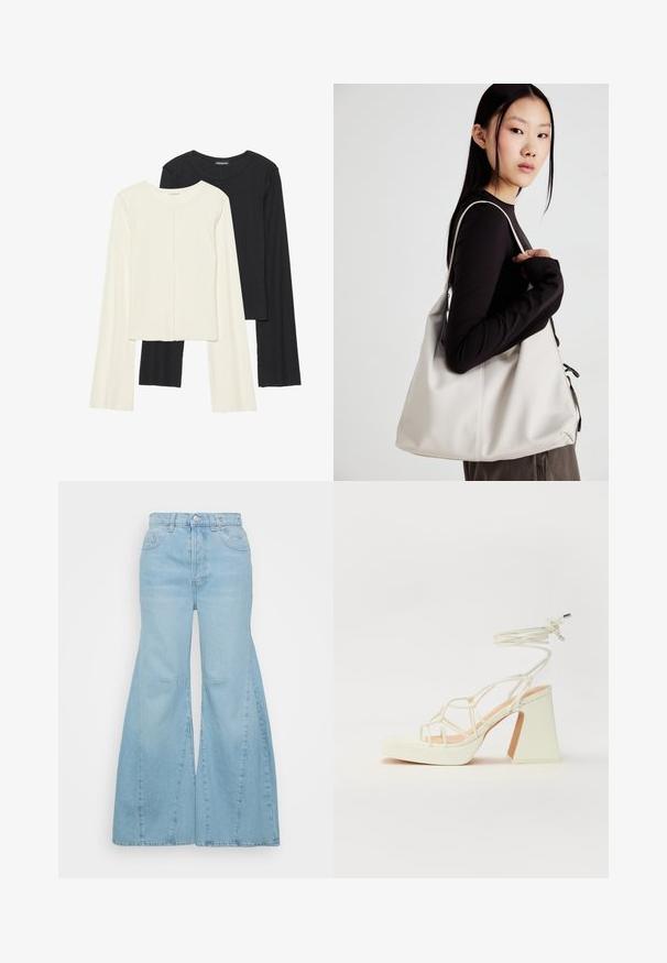 Set med två långärmade toppar i vitt och svart. Ribbade texturer, rund hals, figurnära design med något utställda ärmar.; Ljust blå, högmidjade denimflared byxor med sidofickor och kontrasterande sömmar. Designade med en klassisk femficksstil.; Vit högklackad sandal med en kraftig klack, med ett remdesign och ankelband. Slät textur med en plattform framtill för ökad höjd.; Beige handväska tillverkad av mjukt material, med en avslappnad design, sydda detaljer och två axelremmar. Lämplig för dagligt bruk.