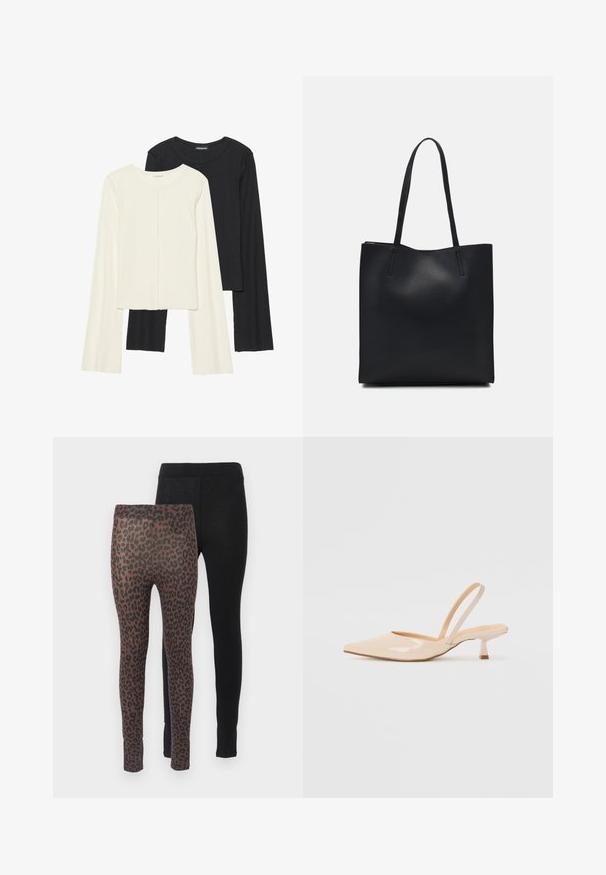 Divu garo piedurkņu tops komplekts baltā un melnā krāsā. Ribota tekstūra, apaļš kakls, pieguļoša dizaina ar nedaudz izplestām piedurknēm.; Divas divi legingi: viens melns ar vienkrāsainu audumu, otrs brūns ar melnu leoparda rakstu, ar elastīgām jostasām.; Bežīgas lakotas ādas slingback papēži ar smailu purngalu un šauru, kvadrātveida papēdi. Gluda tekstūra un minimālistisks dizains bez dekorēšanas elementiem.; Melnas ādas somiņa ar gludu tekstūru, taisnstūra formu un divām garām rokturiem. Nav redzamu aparatūras vai rotājumu.