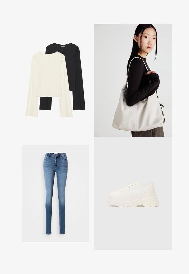 Két darabból álló hosszú ujjú felsők szettje fehér és fekete színben. Bordás textúra, kerek nyakkivágás, testhez simuló fazon, enyhén bővülő ujjakkal.; Feszes farmernadrág fakó középkék denim anyagból. Gombbal és cipzárral záródik, öt zsebe van, és varrási díszítések találhatók az illesztéseknél.; Fehér vászon sportcipő vastag talppal, lekerekített orral és öt fűzőlyukkal. Hátulján egy fül a könnyű felvétel érdekében. Simára kidolgozott textúra, minimális dizájn.; Puha anyagból készült bézs kézitáska, laza dizájnnal, varrott részletekkel és két vállpánttal. Mindennapi használatra alkalmas.