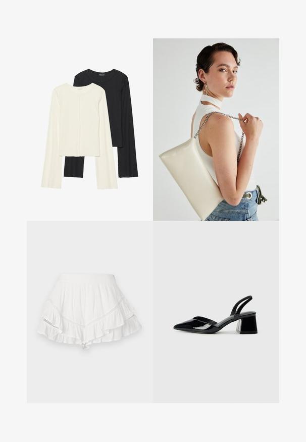 Divu garo piedurkņu tops komplekts baltā un melnā krāsā. Ribota tekstūra, apaļš kakls, pieguļoša dizaina ar nedaudz izplestām piedurknēm.; Balta svārki ar vairākiem slāņiem, izgatavoti no viegla auduma. Rotāti ar dekoratīviem izšuvumiem gar šuvēm un tam ir pielāgojams josta.; Melna lakota āda ar atvērto papēdi, ar smailu purngalu un ģeometrisku blokpapēdi. Iezīmējas elegants, minimāls dizains un gluda tekstūra.; Balts taisnstūra clutch soma, izgatavota no spīdīga materiāla, ar sudraba ķēdes siksnu. Modelis pozē, demonstrējot somu uz vienkārša fona.