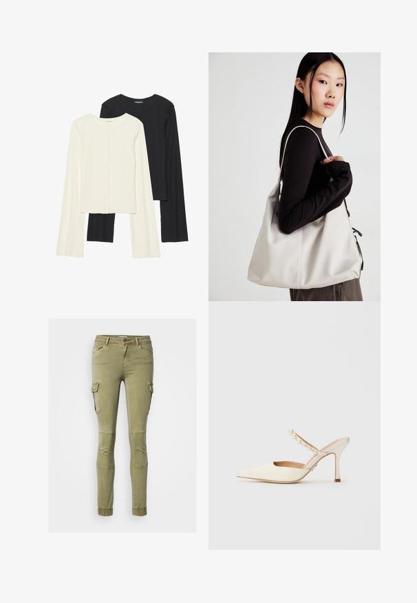 Súprava dvoch dlhých rukávov v bielej a čiernej farbe. Žebrovaná textúra, okrúhly výstrih, priliehavý strih s mierne rozšírenými rukávmi.; Olivovo zelené cargo nohavice so priliehavým strihom, s bočnými vreckami, rebrovanými detailmi na kolenách a elastickými manžetami na členkoch.; Steve Madden BRECKI - Šľapky na opätku - ivory; Béžová kabelka vyrobená z mäkkého materiálu, s uvoľneným dizajnom, prišitými detailmi a dvoma popruhmi na nosenie na pleciach. Vhodná na každodenné nosenie.