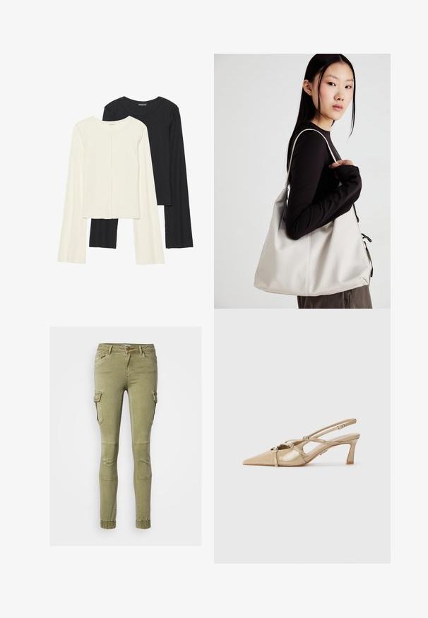 Nabor dveh dolgih rokavov v beli in črni barvi. Žameten vzorec, okrogla ovratnica, prilegajoča zasnova z rahlo razširjenimi rokavi.; Olivno zeleni cargo hlače s oprijetim krojem, ki imajo stranske žepe, rebrasto obrobo na kolenih in elastične manšete na gležnjih.; Bež lakirane usnjene čevlje s slingbackom in konico, prilagodljivi trakovi ter 6 cm blok peto. Vključuje dekorativne srebrne akcentre.; Bežna torbica iz mehkega materiala, z ohlapno zasnovo, šivi in dvema naramnicama. Primerna za vsakodnevno uporabo.