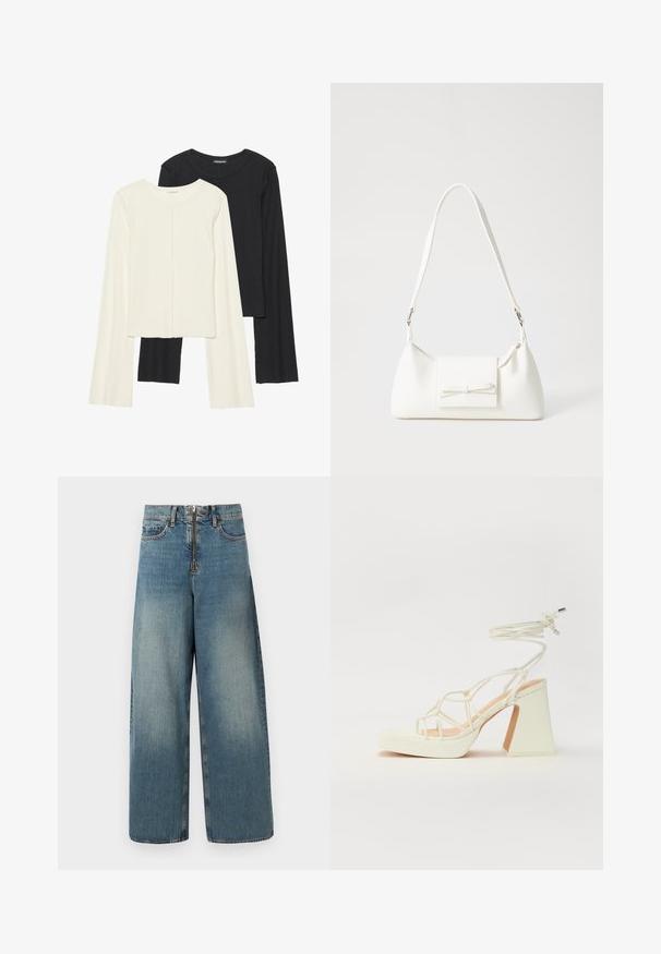 Sett med to langermede topper i hvit og svart. Ribbete tekstur, rund hals, tettsittende design med lett utsvingte ermer.; Bukse med vid ben i lys blå vask. Har glidelås og knappelukking, samt subtil falming for et brukt utseende.; Hvit høyhælte sandal med kraftig hæl, med en stroppe-design og ankelbånd. Glatt tekstur med plattform foran for ekstra høyde.; Hvit syntetisk håndveske med trekantet form, flat klaff foran og sløyfe detaljer, justerbar stropp, glatt tekstur og minimalistisk design.