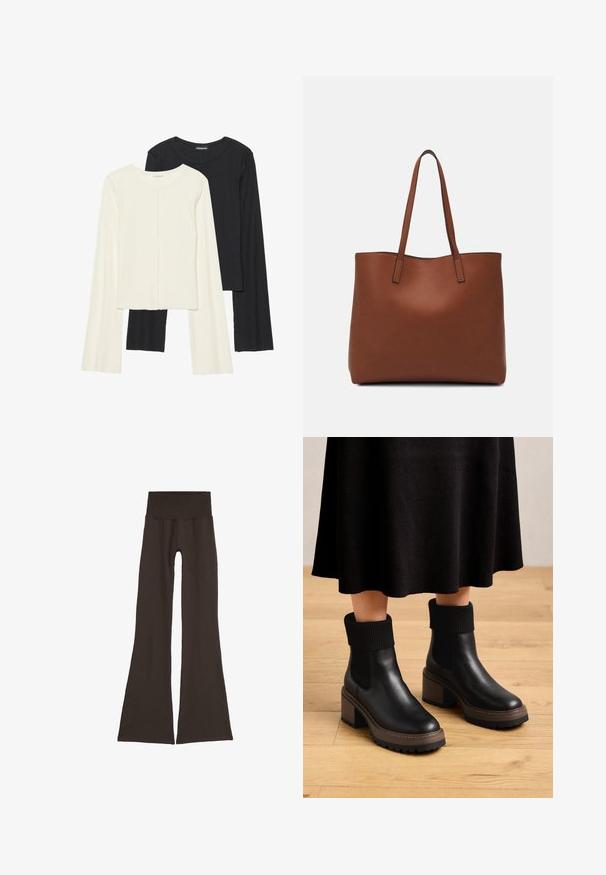Conjunto de dos camisetas de manga larga en blanco y negro. Textura acanalada, cuello redondo, diseño ajustado con mangas ligeramente acampanadas.; Leggings acampanados de color marrón oscuro con una cinturilla ancha y acanalada. Fabricados en un material suave y elástico, presentan un diseño sin costuras y sin herrajes visibles.; Botas de tobillo de cuero negro con puños de tela acanalada, tacón robusto marrón y suela texturizada. Acabado liso con paneles laterales elásticos.; Bolso tote de cuero marrón con una textura suave, diseño de apertura superior y dos correas para el hombro. Presenta una costura mínima y sin herrajes visibles.