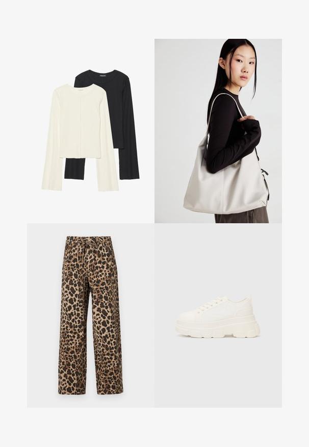 Souprava dvou dlouhých rukávů v bílé a černé barvě. Hladká textura, kulatý výstřih, upnutý střih s mírně rozšířenými rukávy.; Kalhoty s širokým střiham v leopardím vzoru v hnědých a černých tónech, s elastickým pasem na šňůrku a lehkým strukturovaným materiálem.; Bílé plátěné tenisky s robustní podrážkou, zaoblenou špičkou a pěti otvory pro tkaničky. Zádový pásek pro snadné obouvání. Hladký povrch, minimalistický design.; Beige kabelka vyrobená z měkkého materiálu, s volným designem, prošívanými detaily a dvěma ramenními popruhy. Vhodná pro každodenní použití.