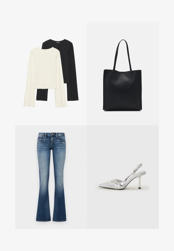 Conjunto de dos camisetas de manga larga en blanco y negro. Textura acanalada, cuello redondo, diseño ajustado con mangas ligeramente acampanadas.; Pantalones vaqueros de campana en azul medio con un acabado deslavado. Presenta cinco bolsillos, pasadores para cinturón y costuras en contraste. Tejido suave y texturizado.; Zapato de tacón alto plateado tipo slingback con punta afilada, acabado metálico, dos correas decorativas y un tacón delgado con punta negra.; Bolso tote de cuero negro con textura lisa, forma rectangular y dos asas largas. Sin herrajes ni adornos visibles.