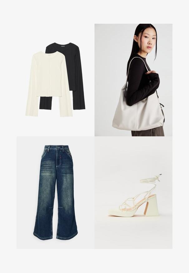 Set of two long-sleeve tops in white and black. Ribbed texture, round neck, fitted design with slightly flared sleeves.; Jaded London COLOSSUS - Wide Leg - mid wash; White high-heeled sandal with a chunky heel, featuring a strappy design and ankle tie. Smooth texture with a platform front for added height.; Beige handbag made of soft material, featuring a slouchy design, stitched detailing, and two shoulder straps. Suitable for everyday use.