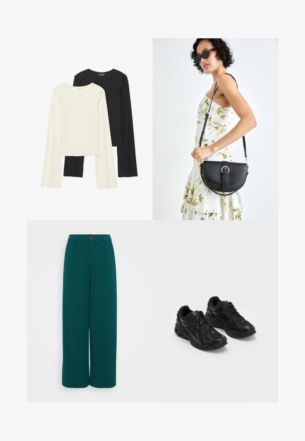 Sett med to langermede topper i hvit og svart. Ribbete tekstur, rund hals, tettsittende design med lett utsvingte ermer.; Even&Odd Petite Bukse - dark green; Sorte joggesko laget av mesh og syntetiske materialer. Har en dempet såle, teksturerte mønstre og preget merkevare på siden.; Svart lærveske med en buet form, avtagbar stropp og gullbeslag. Vesken har et klaff med spenne-detall.