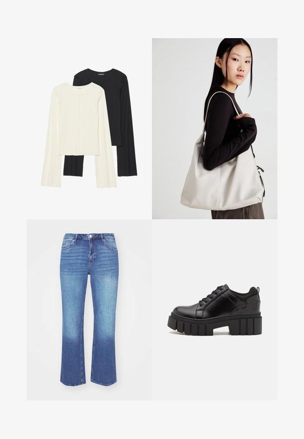 Set de două bluze cu mâneci lungi, una albă și una neagră. Textură ribbată, decolteu rotund, design ajustat cu mâneci ușor evazate.; Jeans din denim într-un gradient de la albastru deschis la mediu. Au un croi drept, cinci buzunare și detalii cusute de-a lungul cusăturilor.; Pantofi cu talpă plată din piele neagră, cu toc gros, vârf rotund și design tradițional cu șireturi. Prezintă o textură netedă și detalii minime.; Geantă bej din material moale, cu un design lejer, detalii cusute și două bretele pentru umăr. Potrivită pentru utilizarea zilnică.