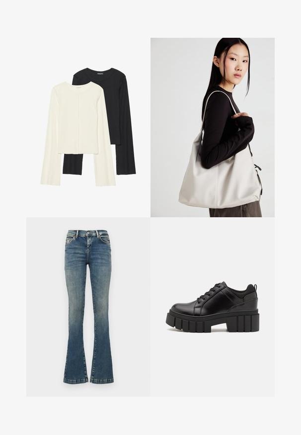 Set od dvije duge majice s dugim rukavima u bijeloj i crnoj boji. Rebrasta tekstura, okrugli izrez, uski kroj s blago raširenim rukavima.; Rasprodani plavi traperice izrađene od denima, s blijeđenjem, pet džepova, zatvaranjem na dugme i ukrasnim šavovima na struku.; Crne kožne platforme s debelim blok-peta, okruglim prstima i klasičnim dizajnom vezanja. Imaju gladak tekstur i minimalne detalje.; Bežna torba od mekog materijala s opuštenim dizajnom, šivanim detaljima i dva remena za rame. Pogodna za svakodnevnu upotrebu.