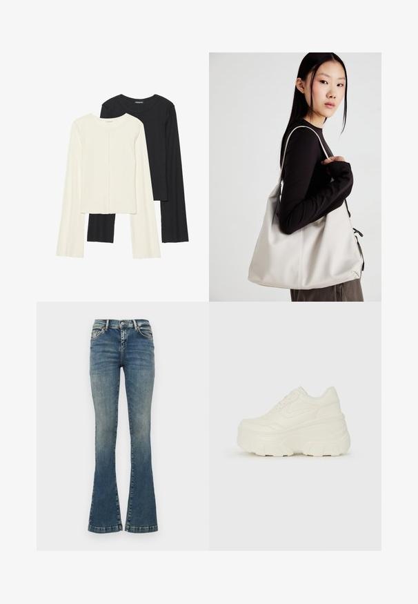 Két darabból álló hosszú ujjú felsők szettje fehér és fekete színben. Bordás textúra, kerek nyakkivágás, testhez simuló fazon, enyhén bővülő ujjakkal.; Fellengő kék farmernadrág, amely denimből készült, eltérően kifakult, öt zsebe van, gombos záródású, és varrási részletek találhatók a derékrészen.; Fehér platform sportcipők, sima bőrszerű felsőrésszel, kerek formával, párnázott bokával és texturált gumitalppal, jól definiált mintázattal.; Puha anyagból készült bézs kézitáska, laza dizájnnal, varrott részletekkel és két vállpánttal. Mindennapi használatra alkalmas.