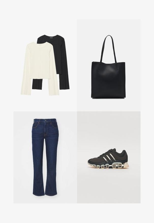 Ensemble de deux hauts à manches longues en blanc et noir. Texture côtelée, col rond, design ajusté avec des manches légèrement évasées.; Jean en denim bleu foncé évasés, taille haute, avec cinq poches, couture contrastante et fermeture à bouton. Texture lisse.; Chaussure de sport noire avec un dessus texturé, trois bandes argentées et une semelle amortissante distinctive comportant plusieurs sections intégrées.; Sac fourre-tout en cuir noir avec une texture lisse, de forme rectangulaire et deux longues poignées. Pas de matériel ou d'ornementations visibles.