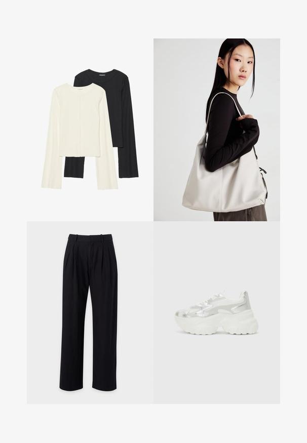 Sett med to langermede topper i hvit og svart. Ribbete tekstur, rund hals, tettsittende design med lett utsvingte ermer.; Svarte bukser med rett ben-design, med pressefolder foran, en glatt tekstur og en klassisk midje for et skreddersydd utseende.; Sølv sneakers med en teksturert mesh-overdel og iriserende aksenter, med en kraftig hvit såle og snørelukking.; Beige håndveske laget av mykt materiale, med en slapp design, sydd detaljer og to skulderstropper. Passer for daglig bruk.