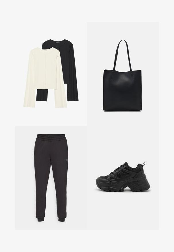 Set van twee longsleeve tops in wit en zwart. Geribbelde textuur, ronde hals, aansluitend ontwerp met licht uitlopende mouwen.; Zwarte sweatpants met een elastische tailleband, taps toelopende pijpen en een kleine logo-label aan de zijkant. Gemaakt van zachte, gestructureerde katoenstof.; Zwarte sportschoenen met een textuur gevlochten bovenkant, gebogen rubberen zool en een prominent profiel. Voorzien van geïntegreerde veters en een trekhaak.; Zwarte leren handtas met een gladde textuur, rechthoekige vorm en twee lange handvaten. Geen zichtbare hardware of versieringen.
