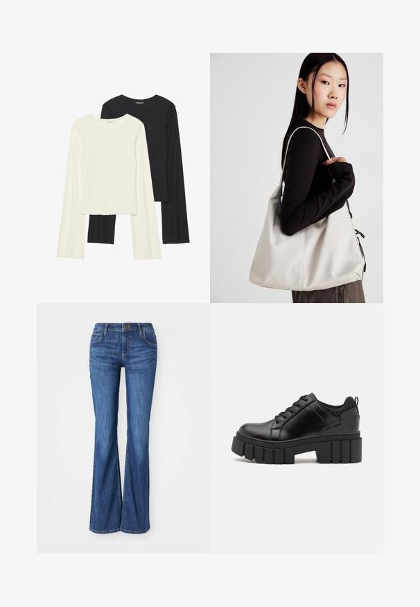 Set of two long-sleeve tops in white and black. Ribbed texture, round neck, fitted design with slightly flared sleeves.; Blue denim bootcut jeans with front pockets, button closure, and belt loops, displayed on a white background.; Black leather platform shoes with a chunky block heel, round toe, and traditional lace-up design. Features smooth texture and minimal detailing.; Beige handbag made of soft material, featuring a slouchy design, stitched detailing, and two shoulder straps. Suitable for everyday use.