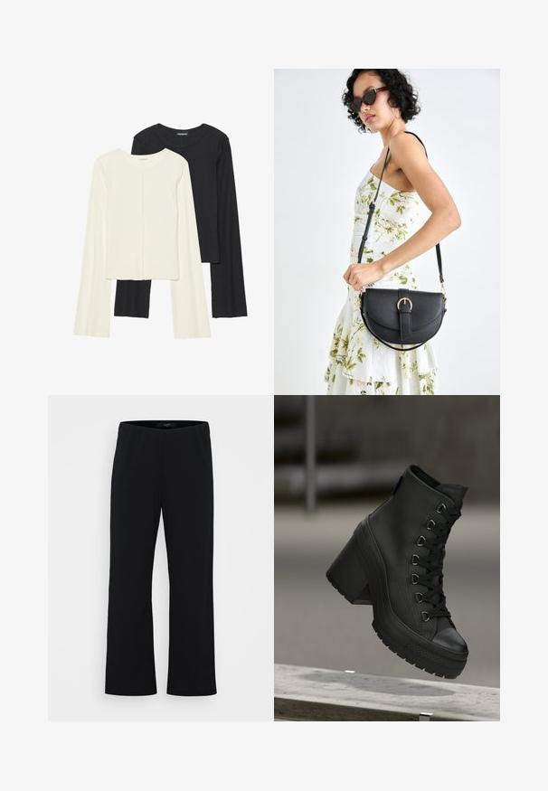 Set of two long-sleeve tops in white and black. Ribbed texture, round neck, fitted design with slightly flared sleeves.; Black, wide-leg pants made of soft fabric. Features an elastic waistband and a smooth texture. No visible patterns or accents.; Black high-top platform boots with a textured leather finish, front lacing, and chunky heel. Features a rubber sole with distinct tread patterns.; Black leather handbag with a curved shape, detachable strap, and gold hardware. The bag features a flap with a buckle detail.