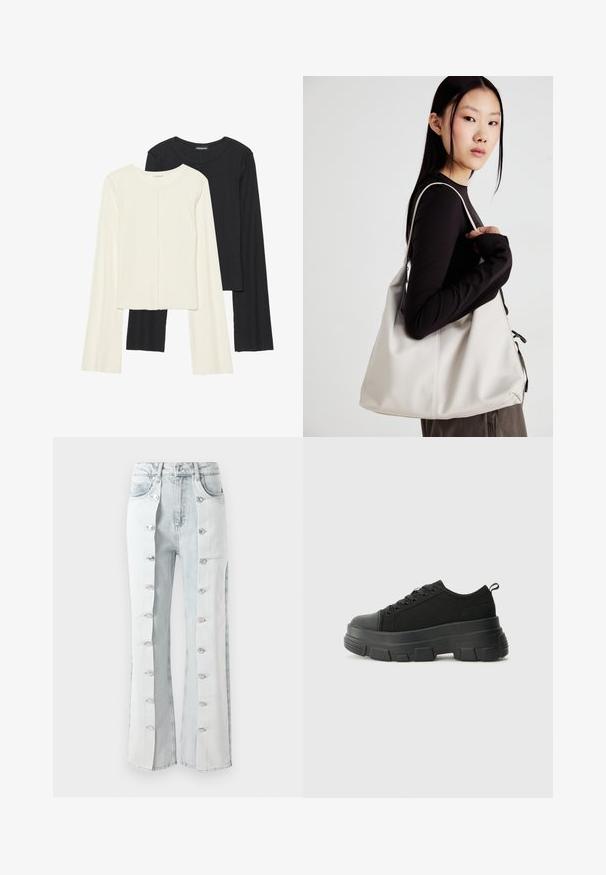 Set aus zwei Langarmoberteilen in Weiß und Schwarz. Rippstruktur, Rundhalsausschnitt, figurbetontes Design mit leicht ausgestellten Ärmeln.; Hellblaue Denim-Jeans mit silbernen Knopfakzenten, im weit geschnittenen Design mit Seitenpaneelen. Der Stoff hat eine strukturierte Oberfläche.; Schwarze Sneakers mit einer dicken Gummisohle, strukturiertem Obermaterial, runder Zehenpartie und Schnürdesign. Verfügt über verstärkte Ösen und eine Schlaufe an der Rückseite.; Beige Handtasche aus weichem Material, mit einem lässigen Design, gesteppten Details und zwei Schulterriemen. Geeignet für den täglichen Gebrauch.