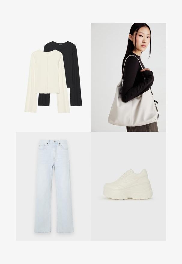 Set aus zwei Langarmoberteilen in Weiß und Schwarz. Rippstruktur, Rundhalsausschnitt, figurbetontes Design mit leicht ausgestellten Ärmeln.; Helle blaue Jeans mit weiter Beinform, ausgestattet mit einem Knopfverschluss, fünf Taschen und dezenten Stickdetails.; Weiße Platform Sneakers mit einem glatten, lederähnlichen Obermaterial, abgerundeter Form, gepolstertem Kragen und strukturierten Gummisohlen mit ausgeprägten Stollen.; Beige Handtasche aus weichem Material, mit einem lässigen Design, gesteppten Details und zwei Schulterriemen. Geeignet für den täglichen Gebrauch.