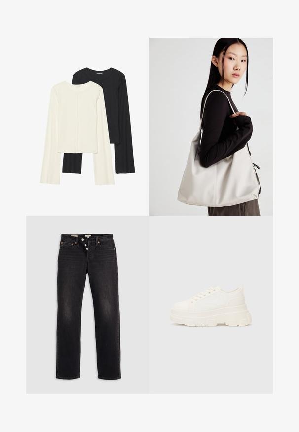 Conjunto de dos camisetas de manga larga en blanco y negro. Textura acanalada, cuello redondo, diseño ajustado con mangas ligeramente acampanadas.; Tejanos de mezclilla negra con corte recto, que cuentan con cinco bolsillos, remaches de cobre y un cierre de botón. Textura suave con detalles de desvanecimiento sutil.; Zapatilla de lona blanca con suela gruesa, punta redonda y cinco ojales para los cordones. Lengüeta trasera para facilitar el uso. Textura suave, diseño minimalista.; Bolso de mano beige hecho de material suave, con un diseño holgado, detalles cosidos y dos asas. Adecuado para uso diario.