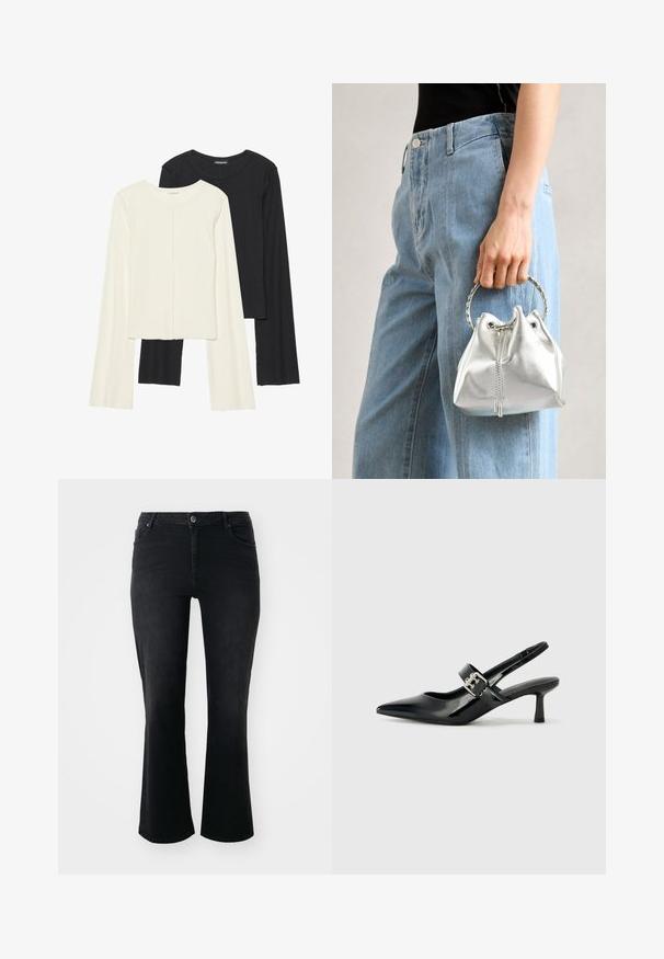 Divu garo piedurkņu tops komplekts baltā un melnā krāsā. Ribota tekstūra, apaļš kakls, pieguļoša dizaina ar nedaudz izplestām piedurknēm.; Melnas denima džinsas ar vidējo jostas līmeni, priekšējo pogu, divām priekšējām kabatām, divām aizmugurējām kabatām un izplestām kājām.; Melnas lakotas ādas sūkņa kurpes ar norādītu purngali un mazu bloku papēdi, ar sudraba sprādzi akcentā uz jostas.; Metāliskā sudraba somiņa ar teksturētu apdari, rotāta ar sudraba apaļu rokturi un aukliņu aizdari, turēta pretī gaišziliem džinsiem.