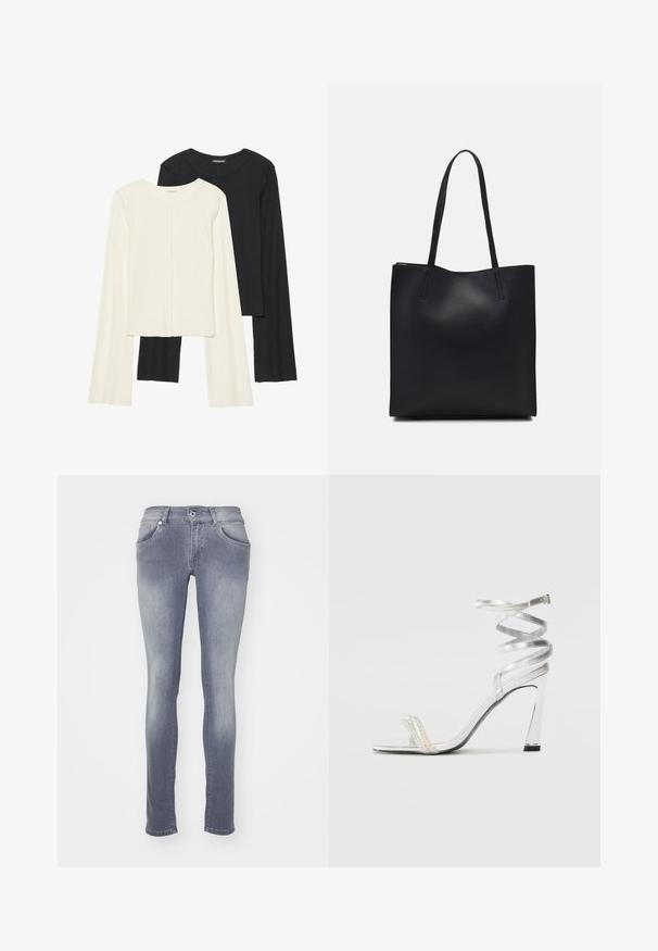 Kaksik Eri pikkusega valge ja musta värvi pikkade varrukatega topsi. Ribikstruktuur, ümar kaelus, lihav disain, veidi laienevate varrukatega.; Kitsad teksad keskmise halli pesuga, valmistatud denimist. Omavad viit taskut, vööloopi ning pleekinud efekti reite ja põlvede suunas.; Hõbedased kõrge kontsaga sandaalid läikiva rihma disainiga, millel on pärlilaadne aktsent ja keerduv pahkluu rihm turvaliseks sobivuseks.; Mustast nahast kott sujuva tekstuuriga, ristkülikukujuline ja kahe pika sangaga. Pole nähtavat riistvara ega kaunistusi.