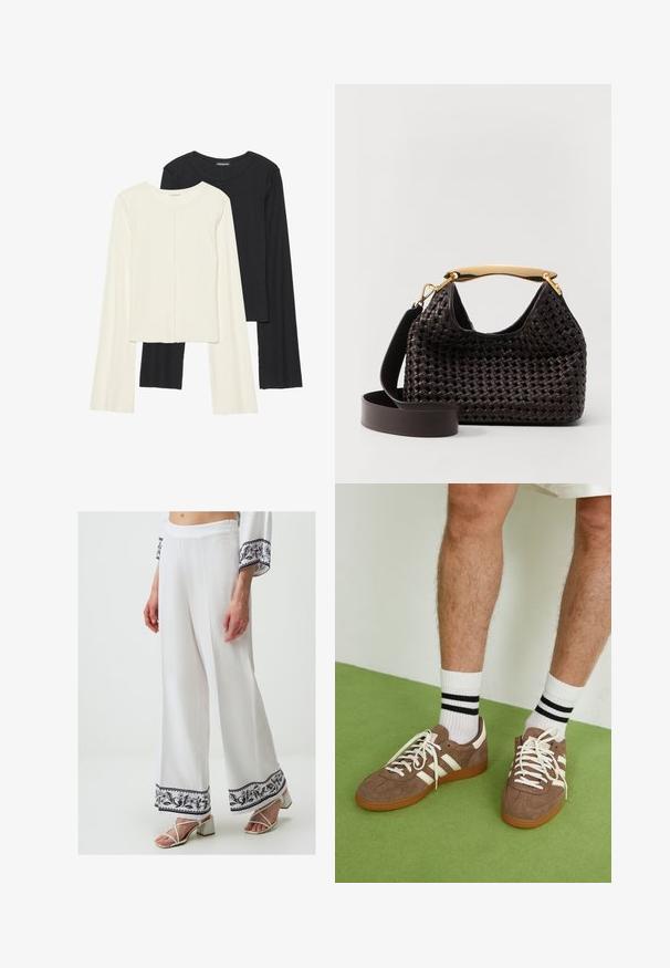 Set van twee longsleeve tops in wit en zwart. Geribbelde textuur, ronde hals, aansluitend ontwerp met licht uitlopende mouwen.; Witte wijde broek met een textuurafwerking. De zoom heeft een marineblauw bloemenpatroon en decoratieve afwerking. Gecombineerd met witte sandaaltjes met bandjes.; Bruine suède sneakers met witte accenten en veters. Rubberen gumzool. Draag met witte sokken met zwarte strepen. Groene gestructureerde vloer.; Elleme BOOMERANG WOVEN - Handtas - brown