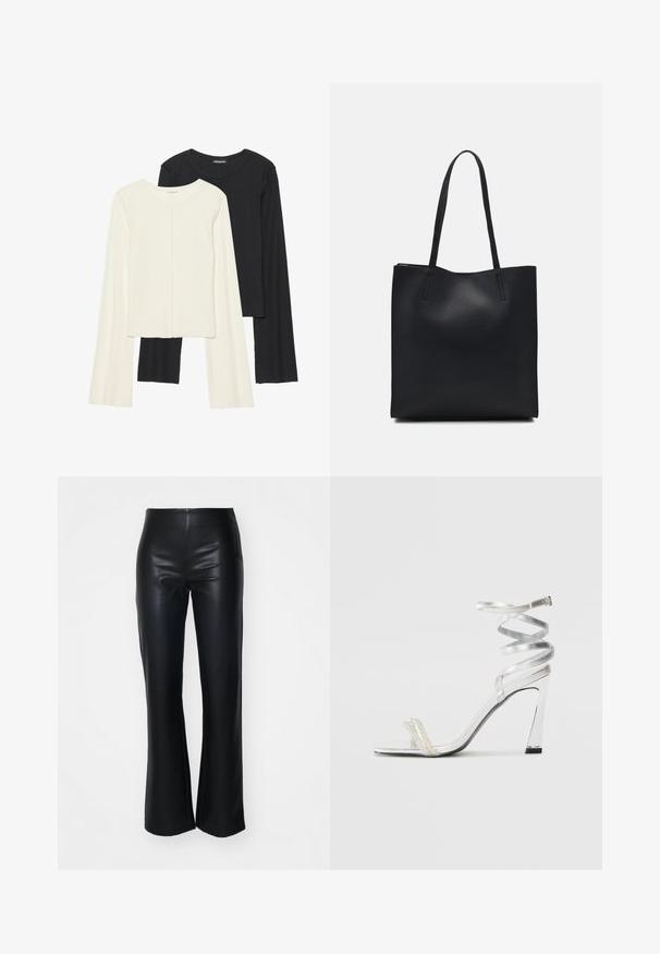 Set aus zwei Langarmoberteilen in Weiß und Schwarz. Rippstruktur, Rundhalsausschnitt, figurbetontes Design mit leicht ausgestellten Ärmeln.; Schwarze Kunstleder-Hose mit Schlag und glatter Textur, mit einem taillierten Bund und leicht ausgestellten Beinen, entworfen für eine elegante Silhouette.; Silberne High-Heel-Sandale mit einem glänzenden Riemen-Design, das einen perlenähnlichen Akzent und einen spiralförmigen Knöchelriemen für einen sicheren Sitz bietet.; Schwarze Laptoptasche aus Leder mit glatter Textur, rechteckiger Form und zwei langen Griffen. Keine sichtbaren Beschläge oder Verzierungen.