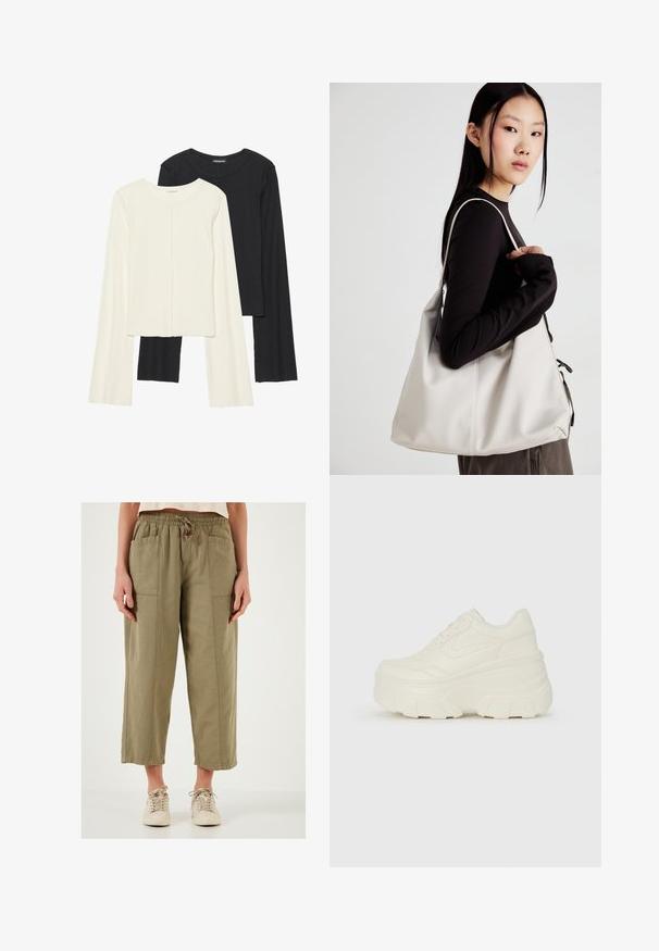 Set van twee longsleeve tops in wit en zwart. Geribbelde textuur, ronde hals, aansluitend ontwerp met licht uitlopende mouwen.; Licht olijfgroene cropped broek gemaakt van textuurstof, met een elastische tailleband en vo pockets. Gecombineerd met beige sneakers.; Witte platform sneakers met een gladde leren bovenkant, afgeronde vorm, gewatteerde kraag en een gestructureerde rubberen zool met duidelijke profiel.; Beige handtas gemaakt van zacht materiaal, met een slonzig ontwerp, gestikte details en twee schouderbanden. Geschikt voor dagelijks gebruik.