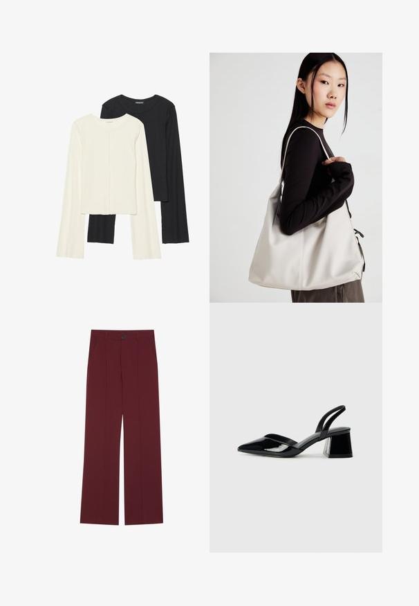 Ensemble de deux hauts à manches longues en blanc et noir. Texture côtelée, col rond, design ajusté avec des manches légèrement évasées.; Pantalons bordeaux avec une coupe évasée, dotés d'une fermeture à bouton, de deux poches latérales et de détails plissés à l'avant. Texture de tissu lisse.; Escarpins en cuir verni noir avec bout pointu et talon bloc géométrique. Présente un design élégant et minimaliste ainsi qu'une texture lisse.; Sac à main beige en matériau souple, avec un design décontracté, des détails cousus et deux poignées. Idéal pour un usage quotidien.
