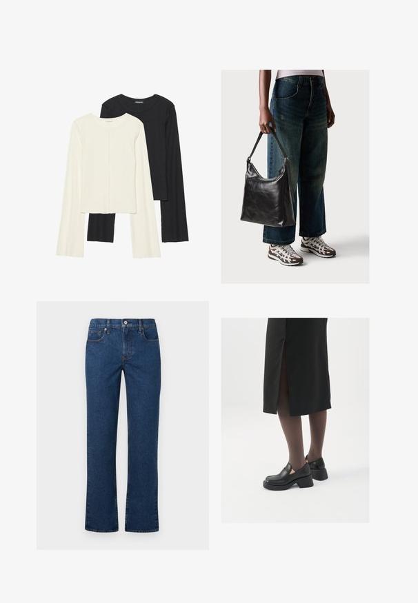 Dviejų ilgomis rankovėmis marškinėlių rinkinys, baltas ir juodas. Raukšlėta tekstūra, apvalus kaklas, prigludusi forma su šiek tiek platėjančiomis rankovėmis.; Tamsiai mėlynos tiesios kojos džinsai su mygtuko ir užtrauktuko uždarymu, priekinių ir monetų kišenėmis bei diržo kilpomis, išdėstyti ant balto fono.; Juodos odinės bateliai su apvaliu nosiu, stora blokine pakulne ir elastingais šonais, derinami su tamsiomis pėdkelnėmis ir juoda sijonu su plyšiu.; Juodas odinis peties krepšys su lygiu paviršiumi ir reguliuojama dirželiu, derinamas su nublukusiais plačiapurčiais džinsais ir sportiniais batais.