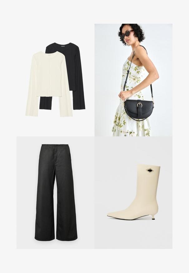 Set od dvije duge majice s dugim rukavima u bijeloj i crnoj boji. Rebrasta tekstura, okrugli izrez, uski kroj s blago raširenim rukavima.; Crne široke hlače s prednjim džepovima i visokim strukom, izrađene od glatke tkanine, prikazane na jednostavnoj svijetloj pozadini.; Anđeoske čizme boje krema izrađene od glatkog materijala, sa šiljastim vrhom, malim potpeticama i crnim akcentom u obliku dijamanta.; Crna kožna torba s lukovitim oblikom, odvojivim remenom i zlatnim detaljima. Torba ima preklop s kopčom.