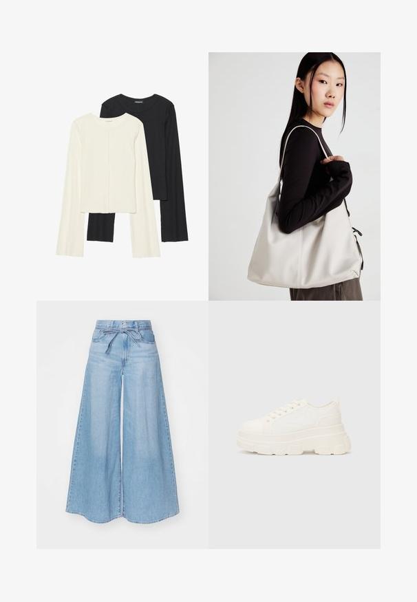 Set od dvije duge majice s dugim rukavima u bijeloj i crnoj boji. Rebrasta tekstura, okrugli izrez, uski kroj s blago raširenim rukavima.; Svijetloplave široke traperice s visokim strukom, izrađene od denima, s detaljem vezanja u struku i glatkim, isblijedjelim finishem.; Bijela platnena tenisica s debelim potplatom, zaobljenim vrhom i pet rupica za vezice. Stražnji tab za jednostavno obuvanje. Glatka tekstura, minimalistički dizajn.; Bežna torba od mekog materijala s opuštenim dizajnom, šivanim detaljima i dva remena za rame. Pogodna za svakodnevnu upotrebu.