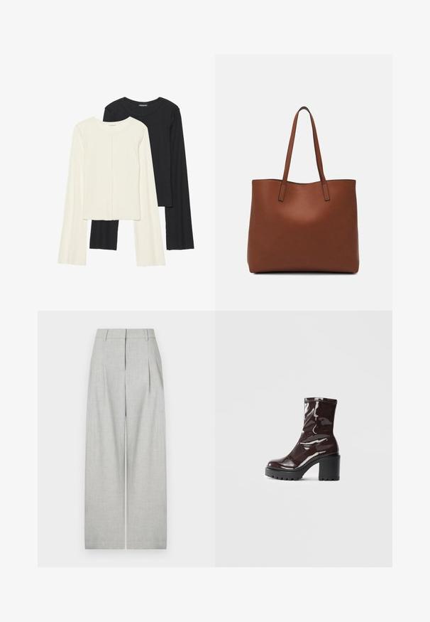 Divu garo piedurkņu tops komplekts baltā un melnā krāsā. Ribota tekstūra, apaļš kakls, pieguļoša dizaina ar nedaudz izplestām piedurknēm.; Gai pelēki platās kāju bikses, kas izgatavotas no teksturēta auduma, ar priekšējiem ieplāksnēm, gludu jostasvietu un bez redzamām kabatām.; Spīdīgas bordo potīšu botītes ar masīlu melnu papēdi, kurām ir gluda tekstūra un vienkāršs dizains. Nav redzamu aizdari vai rakstu.; Brūna ādas iepirkumu soma ar gludu tekstūru, atvērta augšdaļa un divas plecu siksnas. Izceļas ar minimālām šuvēm un redzamu aparatūru nav.