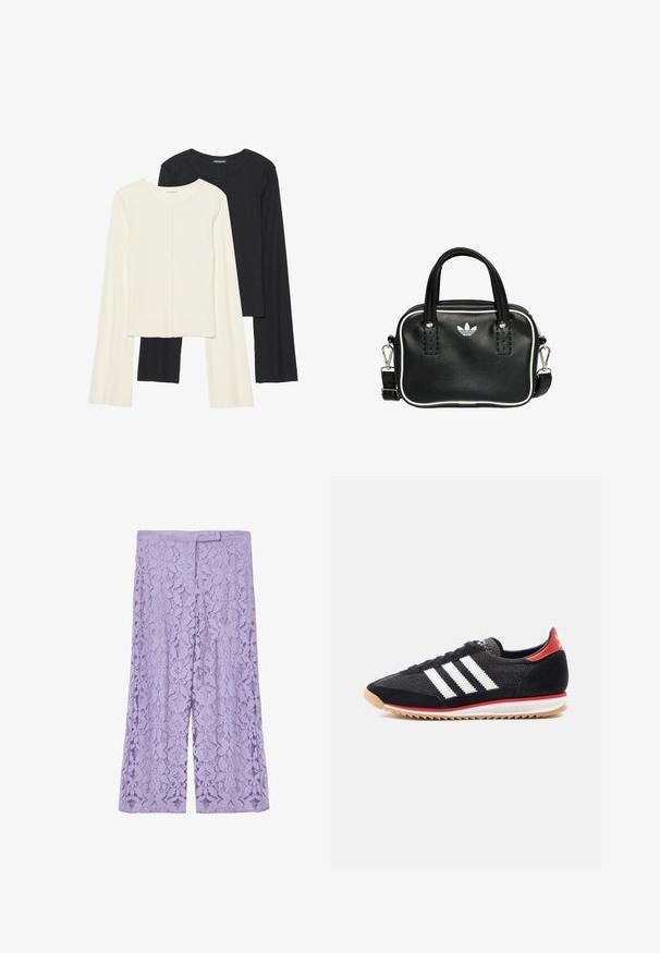 Ensemble de deux hauts à manches longues en blanc et noir. Texture côtelée, col rond, design ajusté avec des manches légèrement évasées.; Culottes en dentelle de couleur violet clair, ornées de motifs floraux délicats. Forme évasée avec une taille lisse. Texture légère et semi-transparente.; Chaussure de sport noire avec des rayures blanches, des accents en daim, et un talon rouge. Texture en maille et semelle en caoutchouc avec une bande de roulement marron clair.; Sac à main en cuir noir avec deux poignées courtes, quincaillerie argentée, accents blancs et un logo blanc. Présente une surface texturée et un design compact.