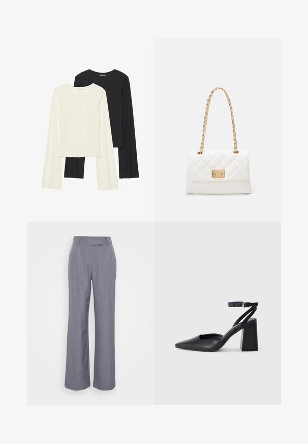 Set de două bluze cu mâneci lungi, una albă și una neagră. Textură ribbată, decolteu rotund, design ajustat cu mâneci ușor evazate.; Pantaloni gri cu picioare late, realizați dintr-un material texturat. Au un talie plată cu bucle pentru curea și pliseuri în față pentru un detaliu suplimentar.; Pantofii cu toc ascuțit din piele neagră, cu breteaua pentru glezne și toc gros. Textură netedă, design elegant și estetică minimală.; Geantă albă matlasată cu un strap din lanț auriu și un închizător rectangular. Prezintă o textură netedă și un model de cusătură geometric.