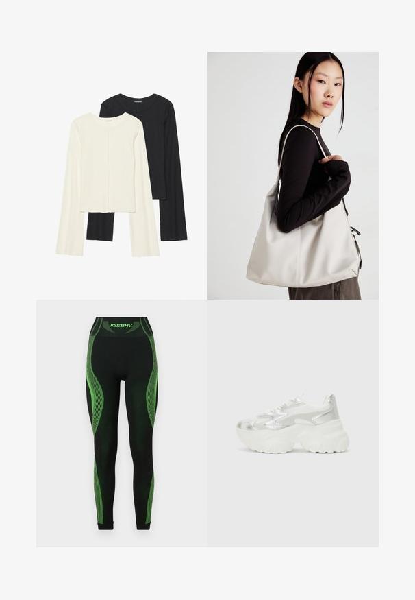 Divu garo piedurkņu tops komplekts baltā un melnā krāsā. Ribota tekstūra, apaļš kakls, pieguļoša dizaina ar nedaudz izplestām piedurknēm.; MISBHV Legingi — bikses - black/green; Sudraba sporta apavi ar teksturētu sieta virsmu un iridescentiem akcentiem, aprīkoti ar masīvu baltu zoli un saistēšanas aizdari.; Bežs rokassoma, izgatavota no mīksta materiāla, ar brīvu dizainu, izšūtu apdari un divām plecu siksnām. Piemērota ikdienas lietošanai.