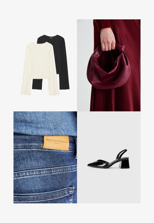 Sett med to langermede topper i hvit og svart. Ribbete tekstur, rund hals, tettsittende design med lett utsvingte ermer.; Blå denimjeans med et brunt lærmerke som leser "ONLY CARMKOMA Denim," med synlig søm og detaljert sidelomme.; Svarte patentlær slingback hæler med spiss tå og geometrisk blokk hæl. Har et stilrent, minimalistisk design og jevn tekstur.; Bordeaux lærhåndveske med et mykt, samlet design og avrundet form. Håndtaket er festet, og viser en glatt tekstur.