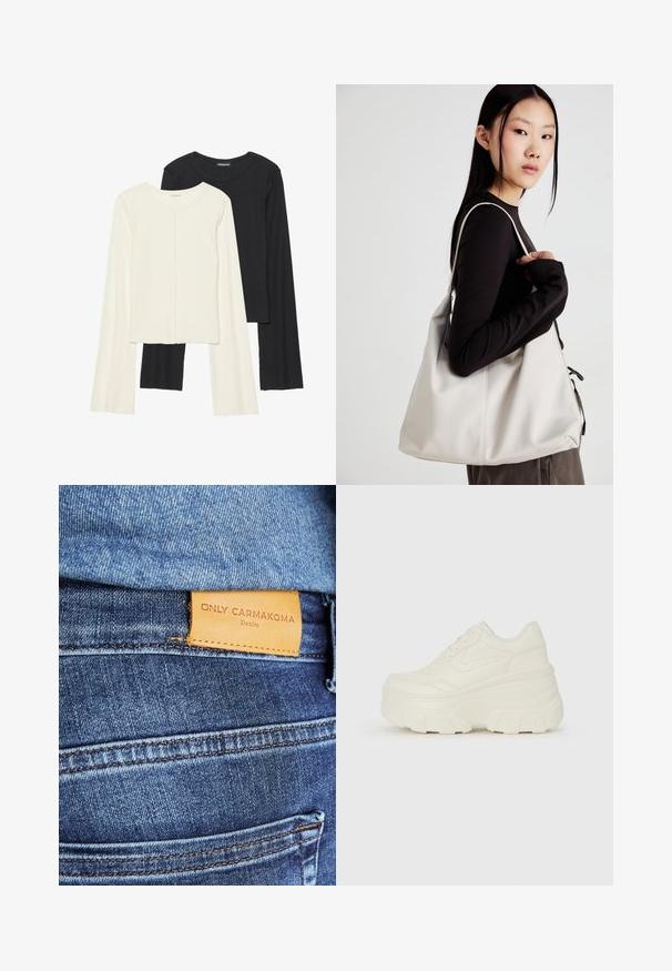Conjunto de duas blusas de manga longa em branco e preto. Textura canelada, decote redondo, design ajustado com mangas ligeiramente evasê.; Jeans de ganga azuis com um rótulo de couro castanho com a inscrição "ONLY CARMKOMA Denim," com costura visível e detalhe de bolso lateral.; Tênis brancos de plataforma com um cabedal suave semelhante a couro, formato arredondado, colarinho acolchoado e sola de borracha texturizada com ranhuras bem definidas.; Uma bolsa bege feita de material macio, com um design descontraído, detalhes de costura e duas alças para o ombro. Adequada para uso diário.