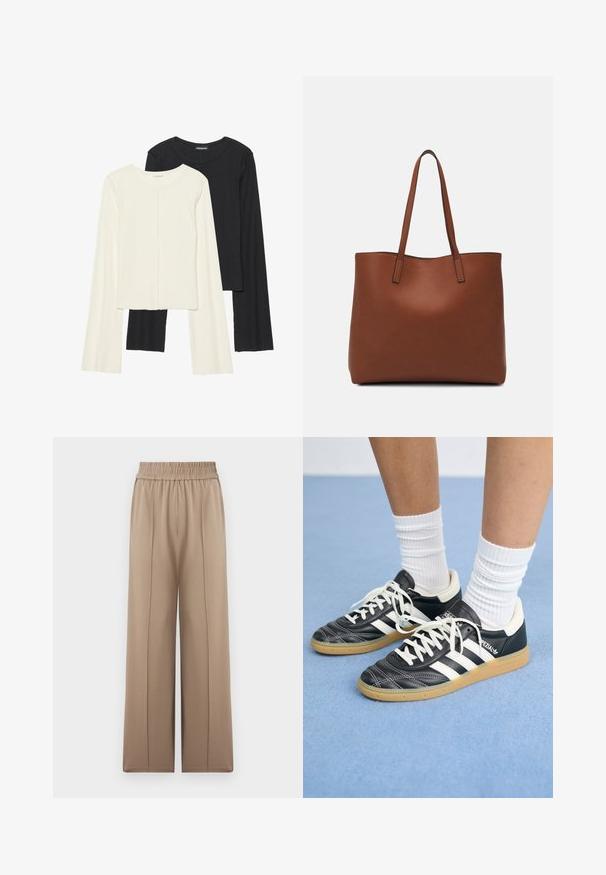 Két darabból álló hosszú ujjú felsők szettje fehér és fekete színben. Bordás textúra, kerek nyakkivágás, testhez simuló fazon, enyhén bővülő ujjakkal.; Beige széles lábú nadrág rugalmas derékkal, puha anyagból készült, elülső redők találhatók rajta, amelyek fokozzák a textúrát és sima f finish-t biztosítanak.; Fekete bőr sportcipők fehér csíkokkal, kerek orral, fehér fűzővel és gumírozott talppal. Párnázott bokarész és márkajelzések emelik ki.; Barna bőr vászontáska sima textúrával, nyitott tetejű dizájnnal és két vállpánttal. Minimális varrással és látható hardver nélkül készült.