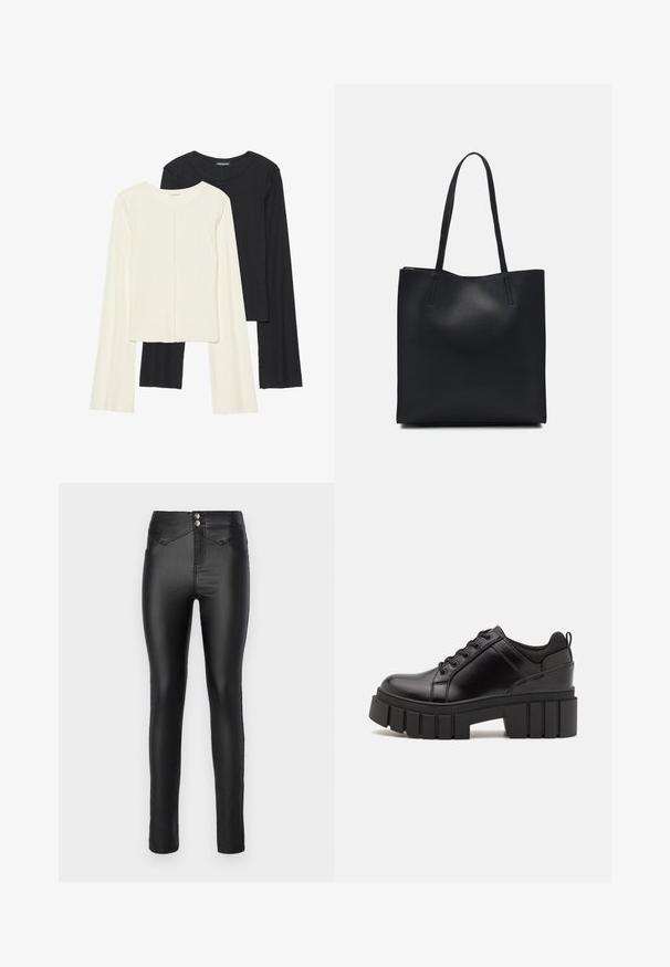 Nabor dveh dolgih rokavov v beli in črni barvi. Žameten vzorec, okrogla ovratnica, prilegajoča zasnova z rahlo razširjenimi rokavi.; Črne, visokotakšne skinny kavbojke, izdelane iz gladkega, elastičnega materiala. Dva srebrna gumba na pasu in minimalni detajli šivanja.; Črne usnjene platforme z debelim blokastim petam, okroglo konico in klasičnim vezanjem. Imajo gladko teksturo in minimalne podrobnosti.; Črna usnjena torba s svilnato teksturo, pravokotne oblike in dvema dolgima ročajema. Brez vidnih metalnih delov ali okrasnih elementov.