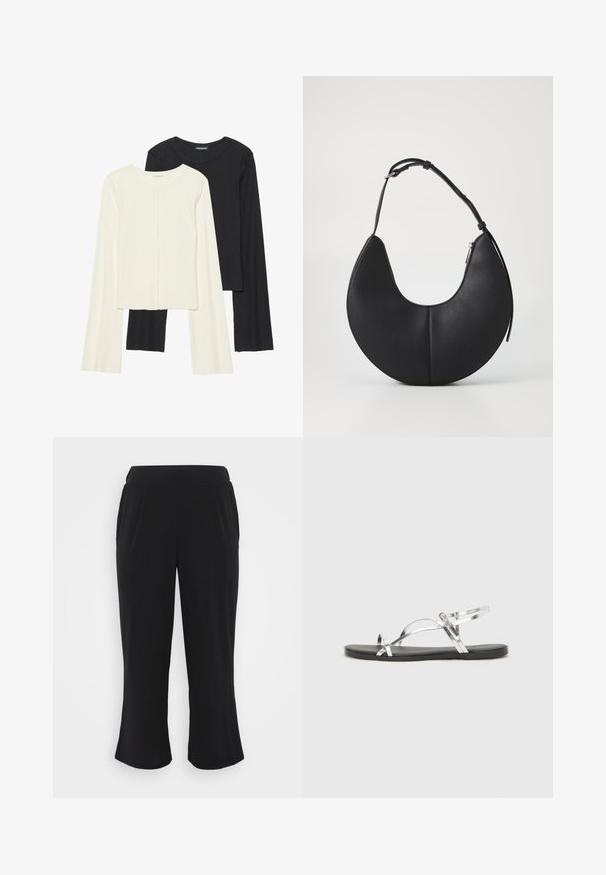 Zestaw dwóch bluzek z długim rękawem w kolorze białym i czarnym. Prążkowana struktura, okrągły dekolt, dopasowany fason z lekko rozszerzanymi rękawami.; Czarne spodenki o długości 3/4 wykonane z gładkiego, teksturowanego materiału, z elastycznym pasem i fałdami z przodu. Proste nogawki kończą się tuż nad kostką.; Srebrne metaliczne sandały o minimalistycznym designie, z cienkimi paskami i czarną płaską podeszwą. Cechą wyróżniającą są akcenty w postaci krzyżujących się pasków.; Czarna skórzana torebka w kształcie półksiężyca o gładkiej fakturze, z jedną regulowaną rączką i zamknięciem na zamek z boku.