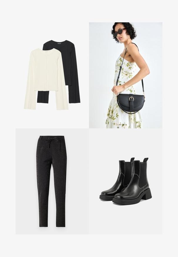 Ensemble de deux hauts à manches longues en blanc et noir. Texture côtelée, col rond, design ajusté avec des manches légèrement évasées.; Pantalons noirs avec un effet pailleté subtil, dotés d'une taille avec cordon de serrage, d'un design ajusté et d'une coupe fuselée pour une silhouette près du corps.; Bottes Chelsea en cuir noir avec un talon épais, des panneaux latéraux élastiques et des coutures blanches contrastantes. Fini texturé.; Sac à main en cuir noir avec une forme courbée, bandoulière amovible et des accessoires en or. Le sac est doté d'un rabat avec un détail de boucle.