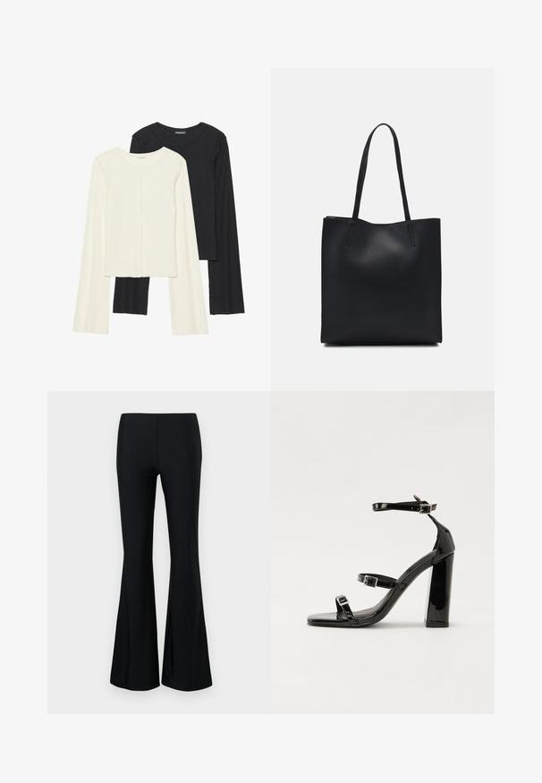 Set aus zwei Langarmoberteilen in Weiß und Schwarz. Rippstruktur, Rundhalsausschnitt, figurbetontes Design mit leicht ausgestellten Ärmeln.; Schwarze, ausgestellte Hosen aus leichtem Stoff mit einem dezenten perforierten Muster. Die Silhouette ist an den Oberschenkeln eng und weitet sich am unteren Ende.; Schwarze patentierte Sandalen mit Absatz, quadratischer Spitze, Knöchelriemen und silbernen Schnallen. Mit einem stabilen Blockabsatz für mehr Stabilität.; Schwarze Laptoptasche aus Leder mit glatter Textur, rechteckiger Form und zwei langen Griffen. Keine sichtbaren Beschläge oder Verzierungen.
