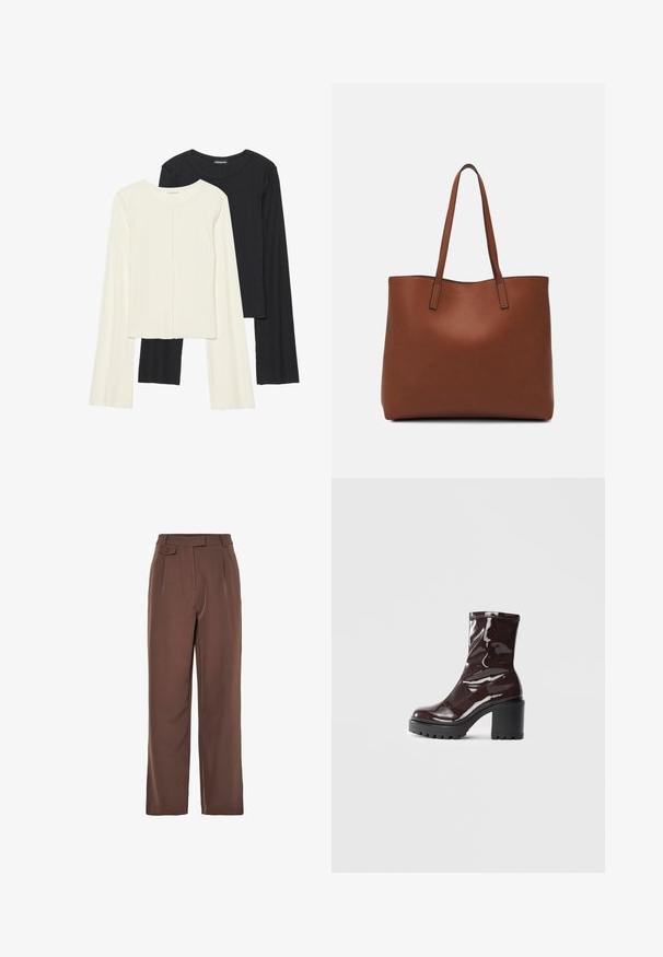 Nabor dveh dolgih rokavov v beli in črni barvi. Žameten vzorec, okrogla ovratnica, prilegajoča zasnova z rahlo razširjenimi rokavi.; Brahke tkanine široke hlače z visokim pasom, sprednjimi naborki in gumbom. Gladek material z natančnim krojem.; Sijajan škrlatank z bleščečim videzom, z masivnim črnim peto, ki se ponaša z gladko teksturo in preprostim dizajnom. Brez vidnih zapenjal ali vzorcev.; Rjava usnjena torba z gladko teksturo, odprto zasnovo zgoraj in dvema naramnima trakovoma. Opremljena je z minimalnim šivanjem in brez vidnih kovinskih delov.